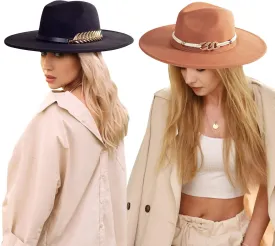 2 Pack Wide Brim Stylish Felt Panama Hats for Women & Men - Classic Fedora Hats With Belt Buckle