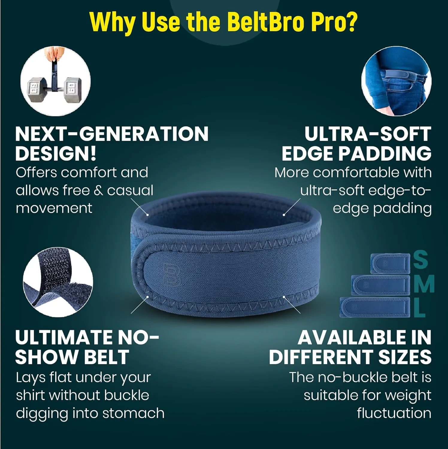 BeltBro Pro For Men  Next Generation BeltPro Buckle-Free Elastic Belt With Ultra-Soft Edge Padding - Fits 1.5 IN Belt Loops