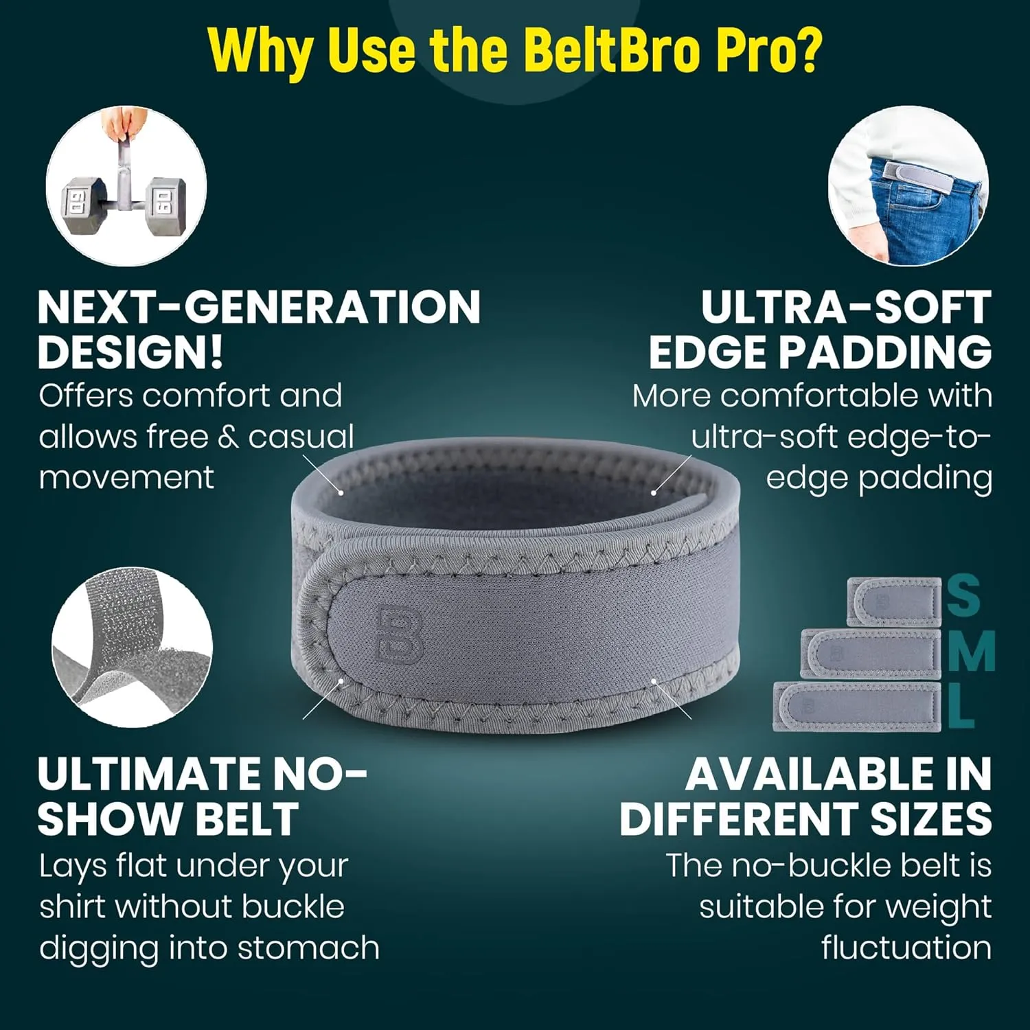 BeltBro Pro For Men  Next Generation BeltPro Buckle-Free Elastic Belt With Ultra-Soft Edge Padding - Fits 1.5 IN Belt Loops