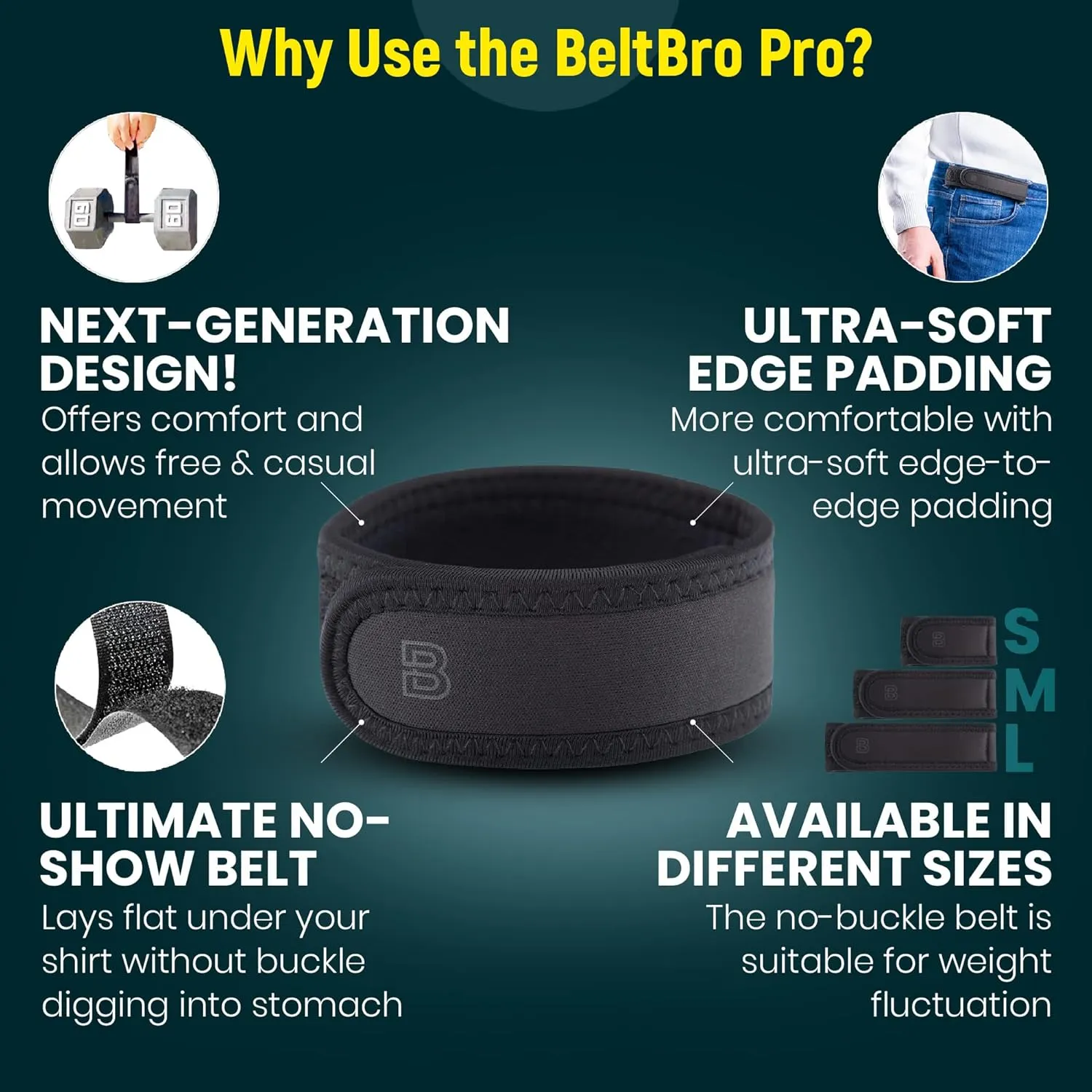 BeltBro Pro For Men  Next Generation BeltPro Buckle-Free Elastic Belt With Ultra-Soft Edge Padding - Fits 1.5 IN Belt Loops