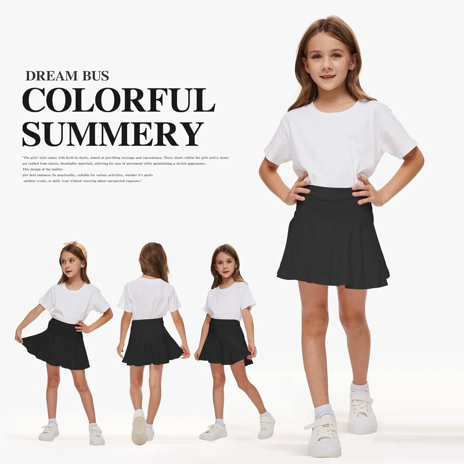DREAM BUS 2 Pack Girl Pleated Skirts Built in Shorts Little Kid Tennis Skorts Toddler Girl Athletic Flowy Skorts Skirts