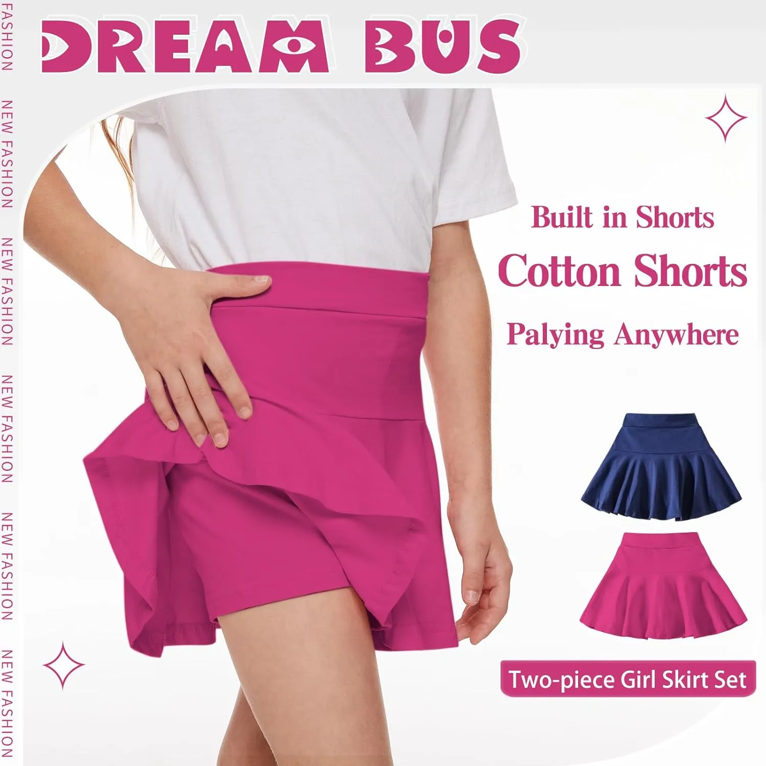 DREAM BUS 2 Pack Girl Pleated Skirts Built in Shorts Little Kid Tennis Skorts Toddler Girl Athletic Flowy Skorts Skirts