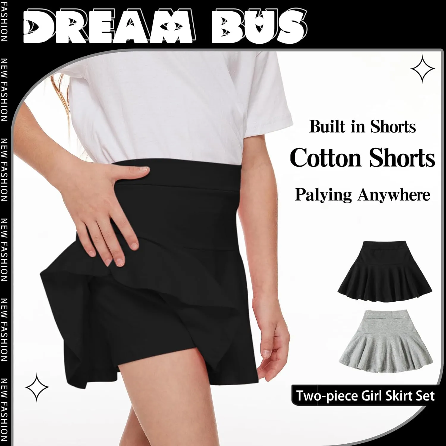 DREAM BUS 2 Pack Girl Pleated Skirts Built in Shorts Little Kid Tennis Skorts Toddler Girl Athletic Flowy Skorts Skirts