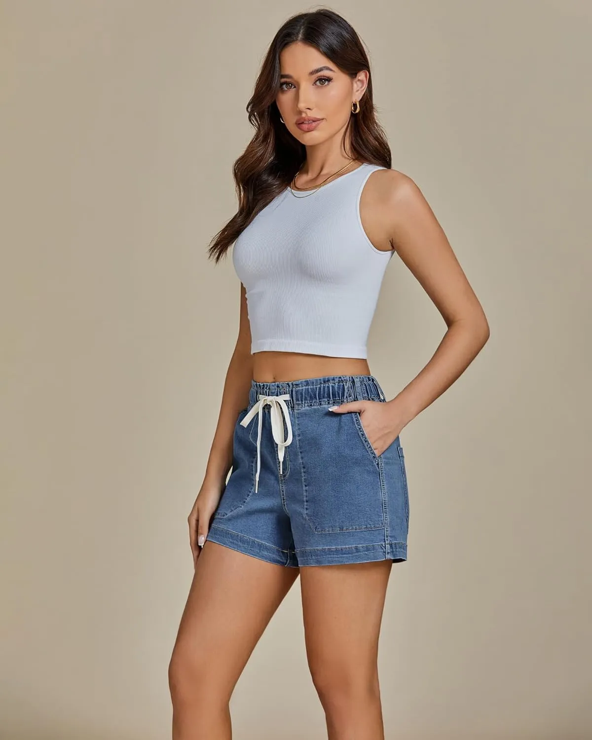 luvamia Jean Shorts for Women High Waisted Pull On Drawstring Elastic Waist Trendy Stretchy Denim Jorts Summer Shorts