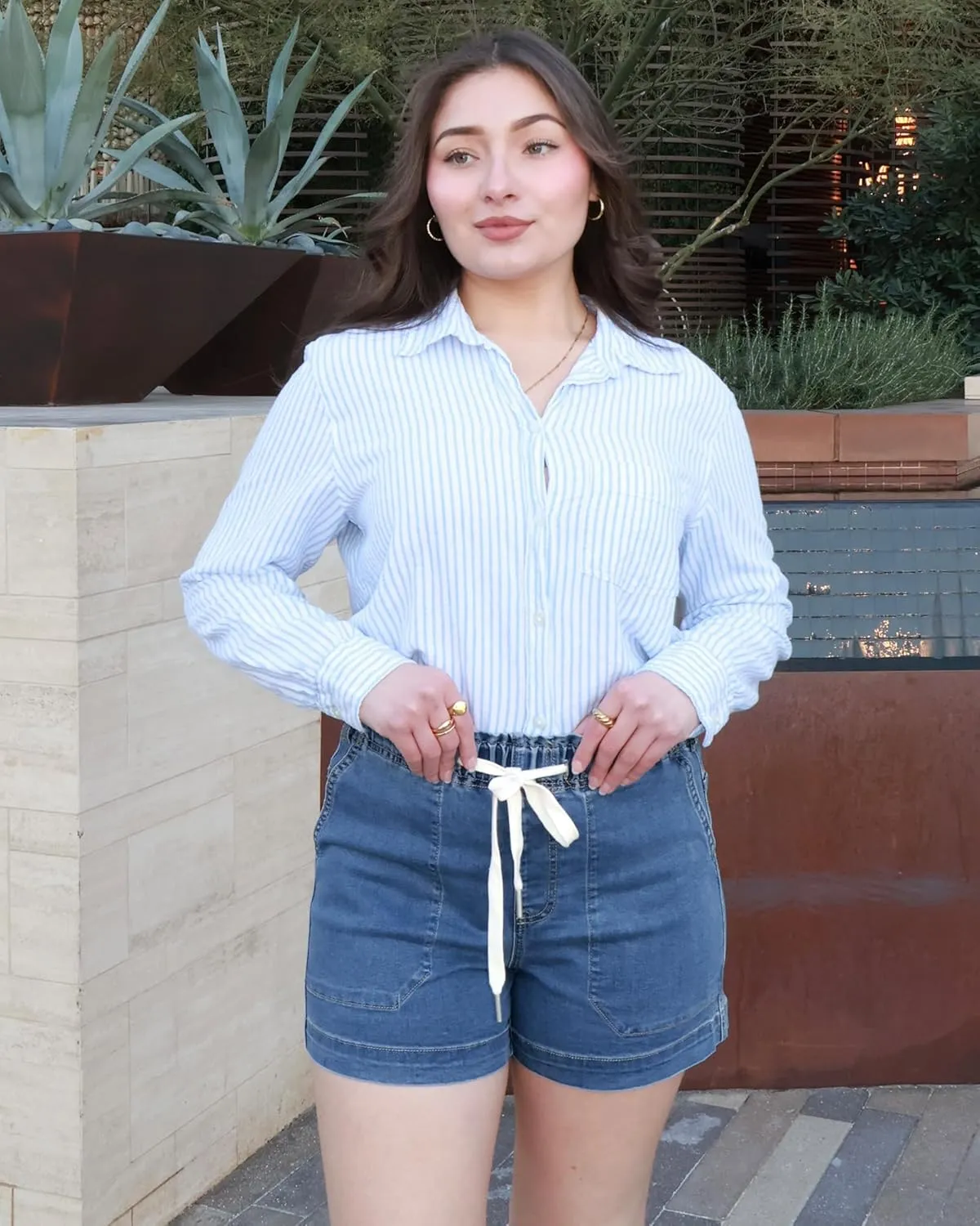 luvamia Jean Shorts for Women High Waisted Pull On Drawstring Elastic Waist Trendy Stretchy Denim Jorts Summer Shorts