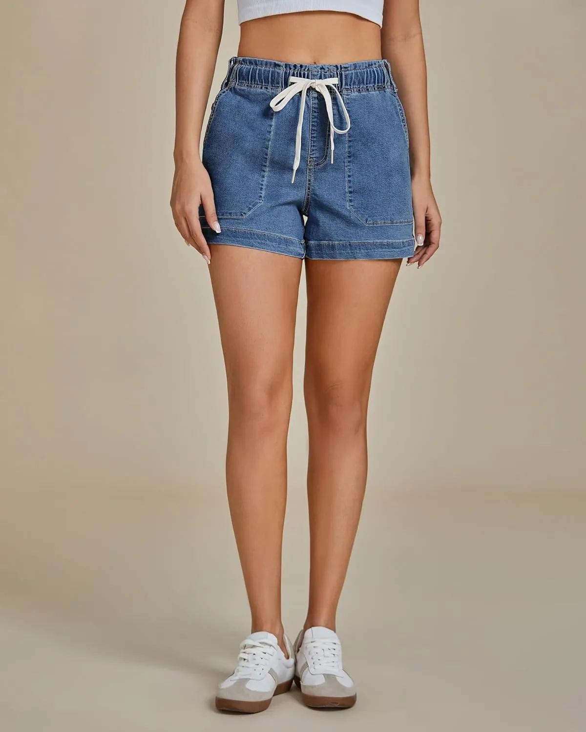 luvamia Jean Shorts for Women High Waisted Pull On Drawstring Elastic Waist Trendy Stretchy Denim Jorts Summer Shorts