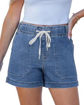 luvamia Jean Shorts for Women High Waisted Pull On Drawstring Elastic Waist Trendy Stretchy Denim Jorts Summer Shorts
