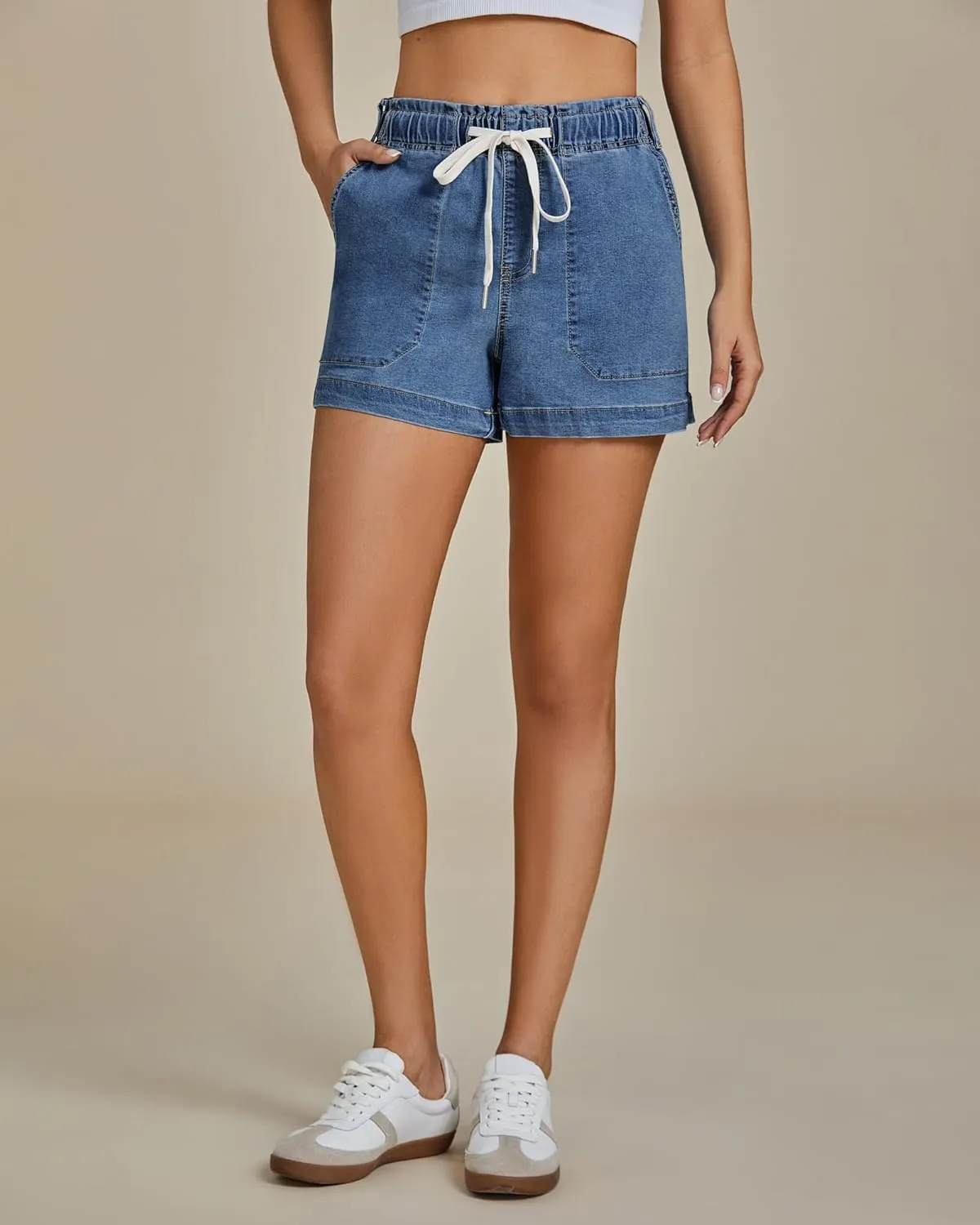 luvamia Jean Shorts for Women High Waisted Pull On Drawstring Elastic Waist Trendy Stretchy Denim Jorts Summer Shorts