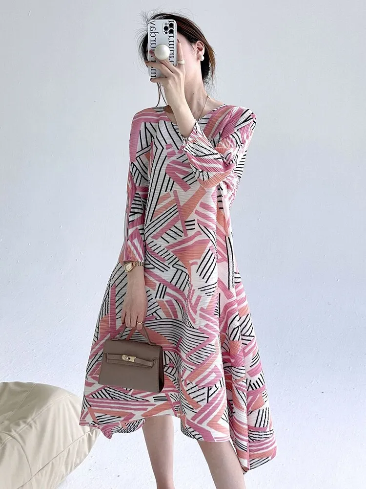 Miyake Pleated Round Neck A-Line Midi Dress