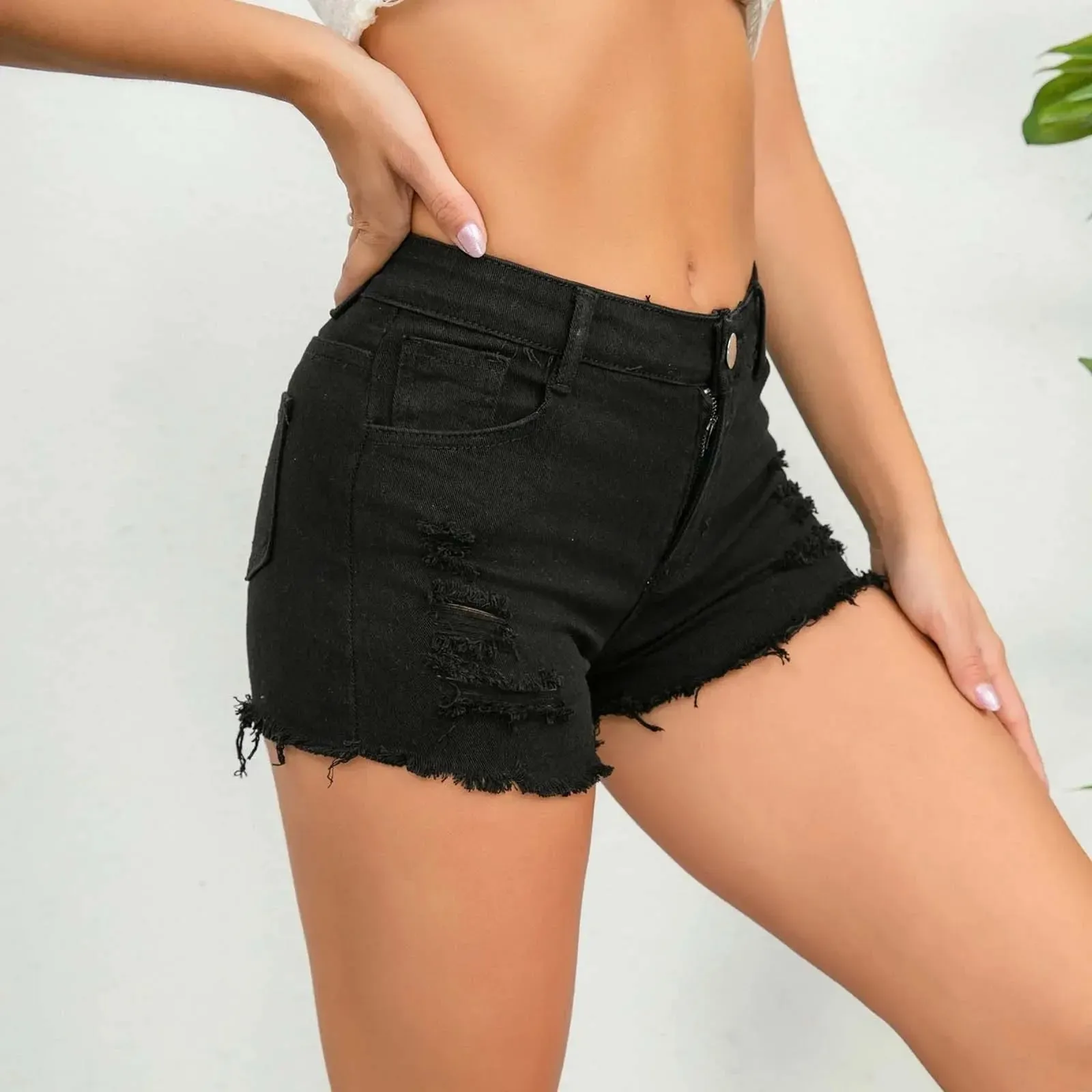 New White High Waist Ripped Holes Denim Fashion Tassels Rip Streetwear Solid Summer Short