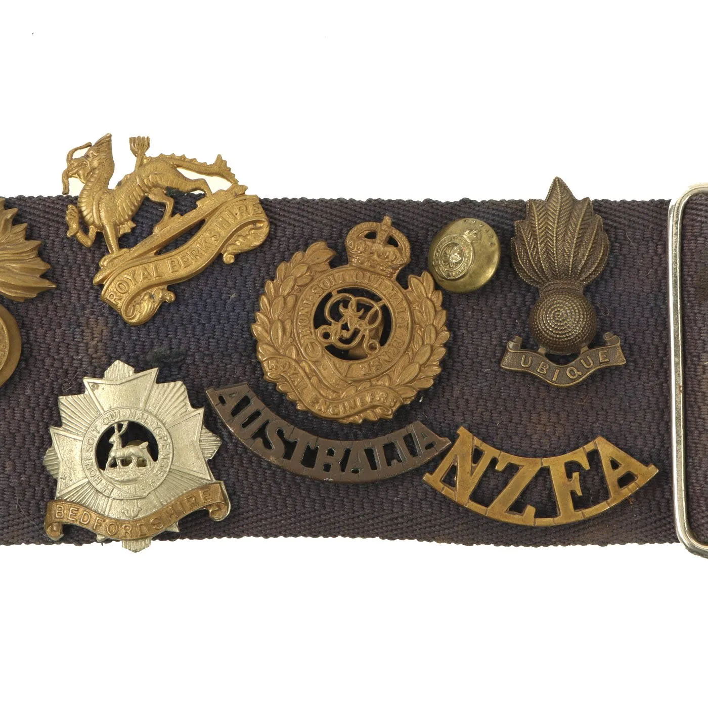 Original British WWI Souvenir Belt with 16 Attached Regimental Badges & 6 Other Insignia