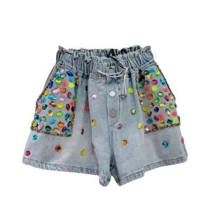 Pre Order:  Vintage Color Crystal Diamond Denim Shorts