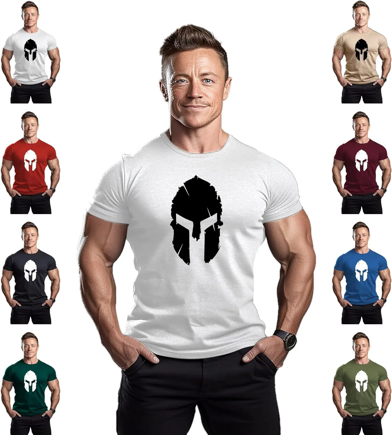 ReedCA Spartan Helmet - Mens Bodybuilding T-Shirt - Gym Training Top Fitness