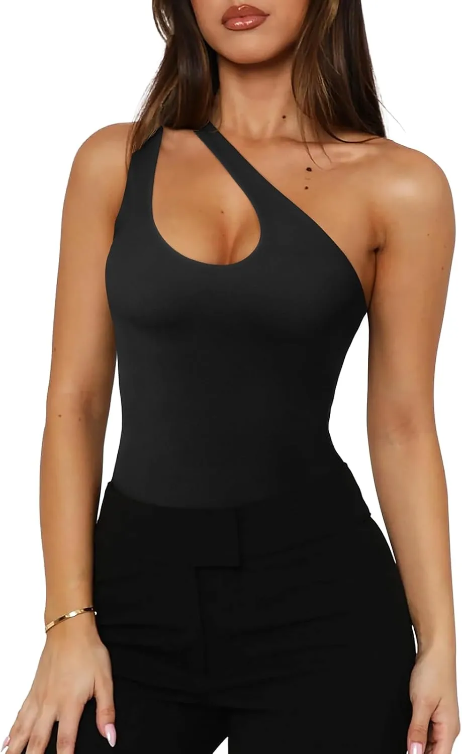 REORIA Butsmooth Women's Trendy Sexy Plunge One Shoulder Sleeveless V Backless Going Out Tank Bodysuits Tops