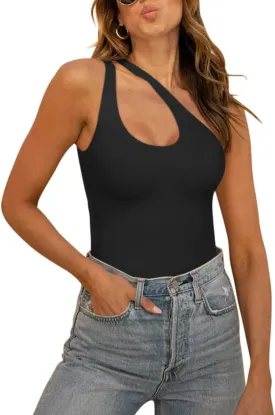 REORIA Butsmooth Women's Trendy Sexy Plunge One Shoulder Sleeveless V Backless Going Out Tank Bodysuits Tops