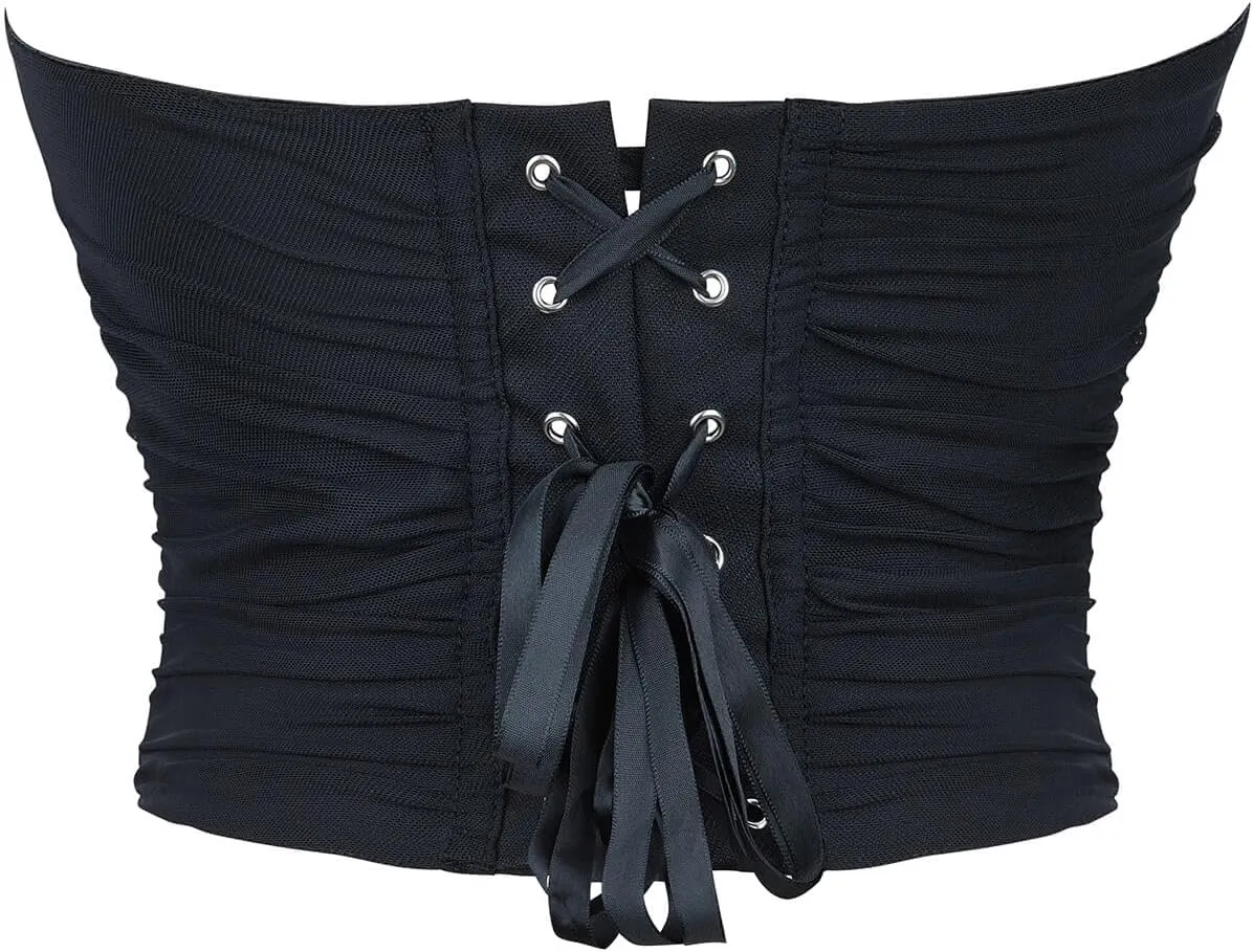 SHYMMUO Women Black Corset Tops Satin Summer Going Out Strapless Bustier Crop Top for Party,Gothic,Halloween Costumes