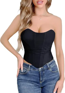 SHYMMUO Women Black Corset Tops Satin Summer Going Out Strapless Bustier Crop Top for Party,Gothic,Halloween Costumes