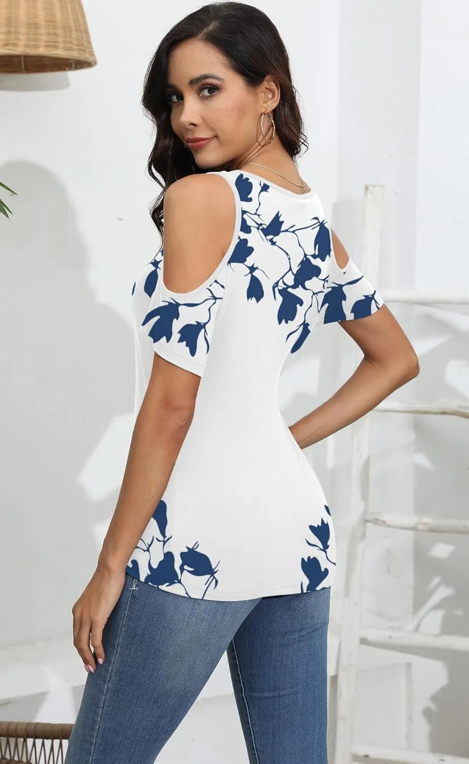 Soesdemo Women Summer Tops Scoop Neck Cold Shoulder Short Sleeve 2024 Loose Fit Basic Tee Shirts