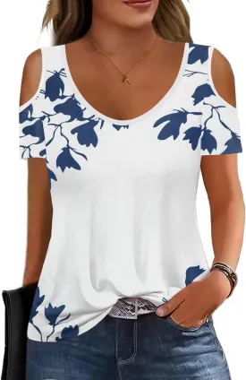 Soesdemo Women Summer Tops Scoop Neck Cold Shoulder Short Sleeve 2024 Loose Fit Basic Tee Shirts