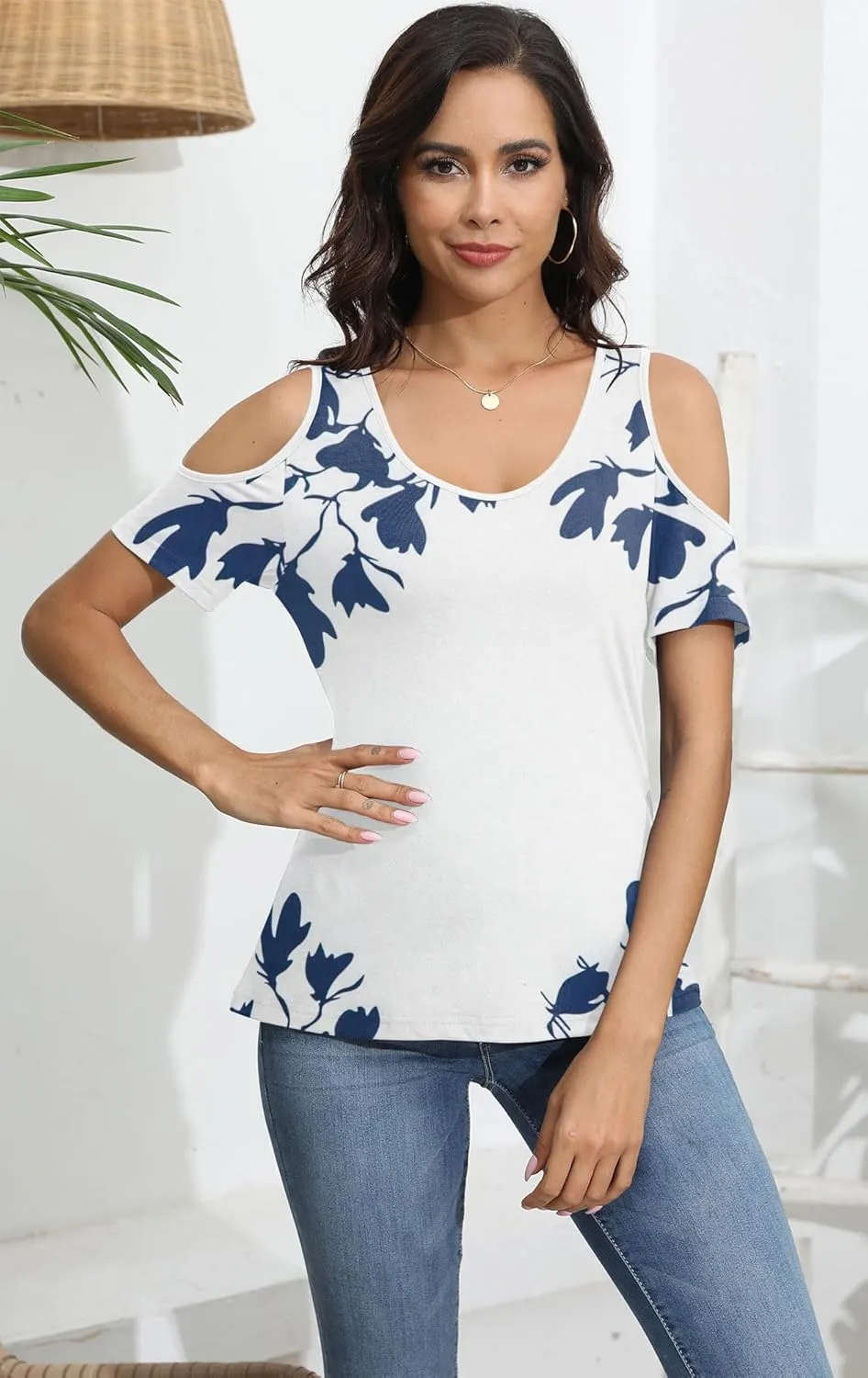 Soesdemo Women Summer Tops Scoop Neck Cold Shoulder Short Sleeve 2024 Loose Fit Basic Tee Shirts