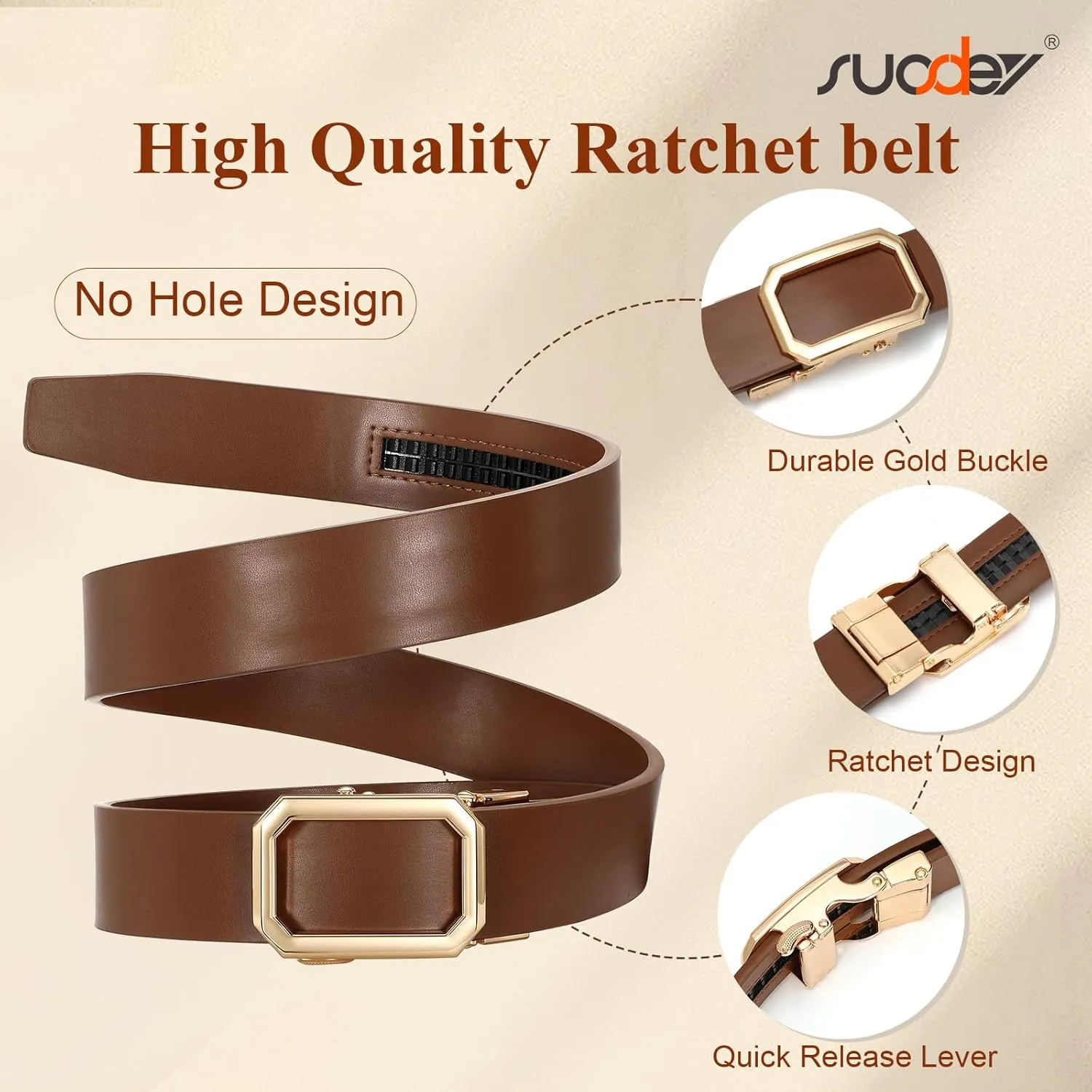 SUOSDEY Women Leather Ratchet Belt for Jeans Pants with Automatic Sliding Buckle, Adjustable Belt for Ladies, Width 1.2"