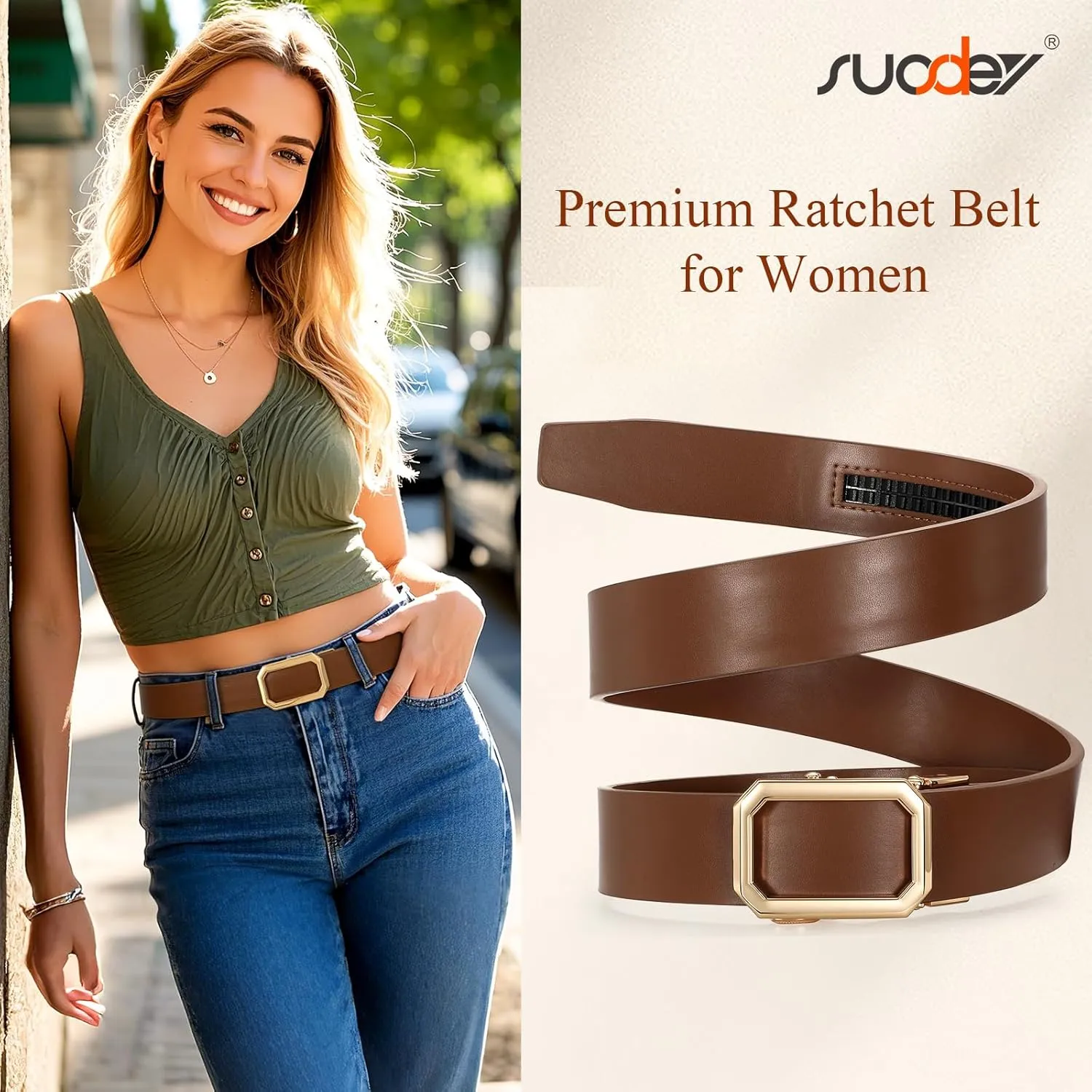 SUOSDEY Women Leather Ratchet Belt for Jeans Pants with Automatic Sliding Buckle, Adjustable Belt for Ladies, Width 1.2"