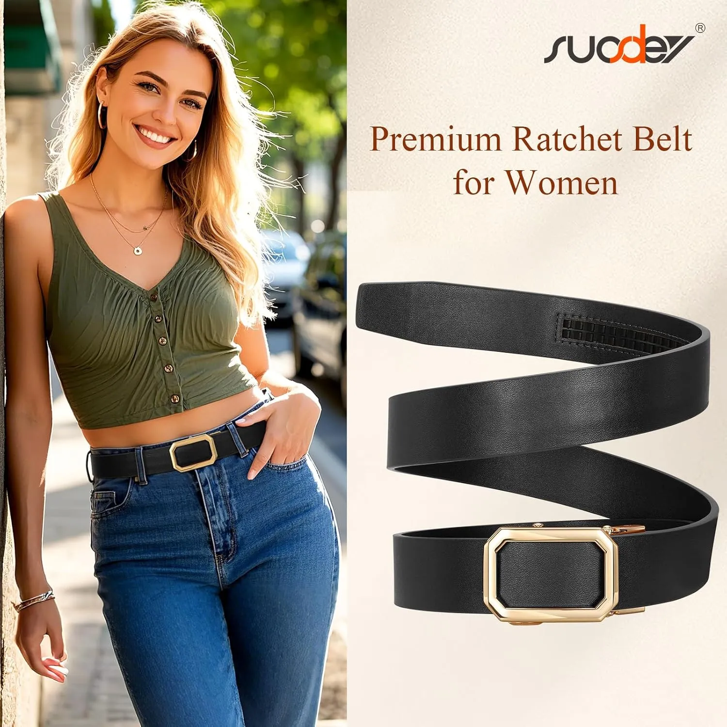 SUOSDEY Women Leather Ratchet Belt for Jeans Pants with Automatic Sliding Buckle, Adjustable Belt for Ladies, Width 1.2"