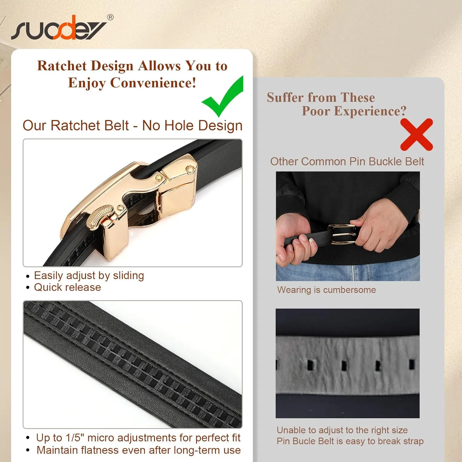 SUOSDEY Women Leather Ratchet Belt for Jeans Pants with Automatic Sliding Buckle, Adjustable Belt for Ladies, Width 1.2"