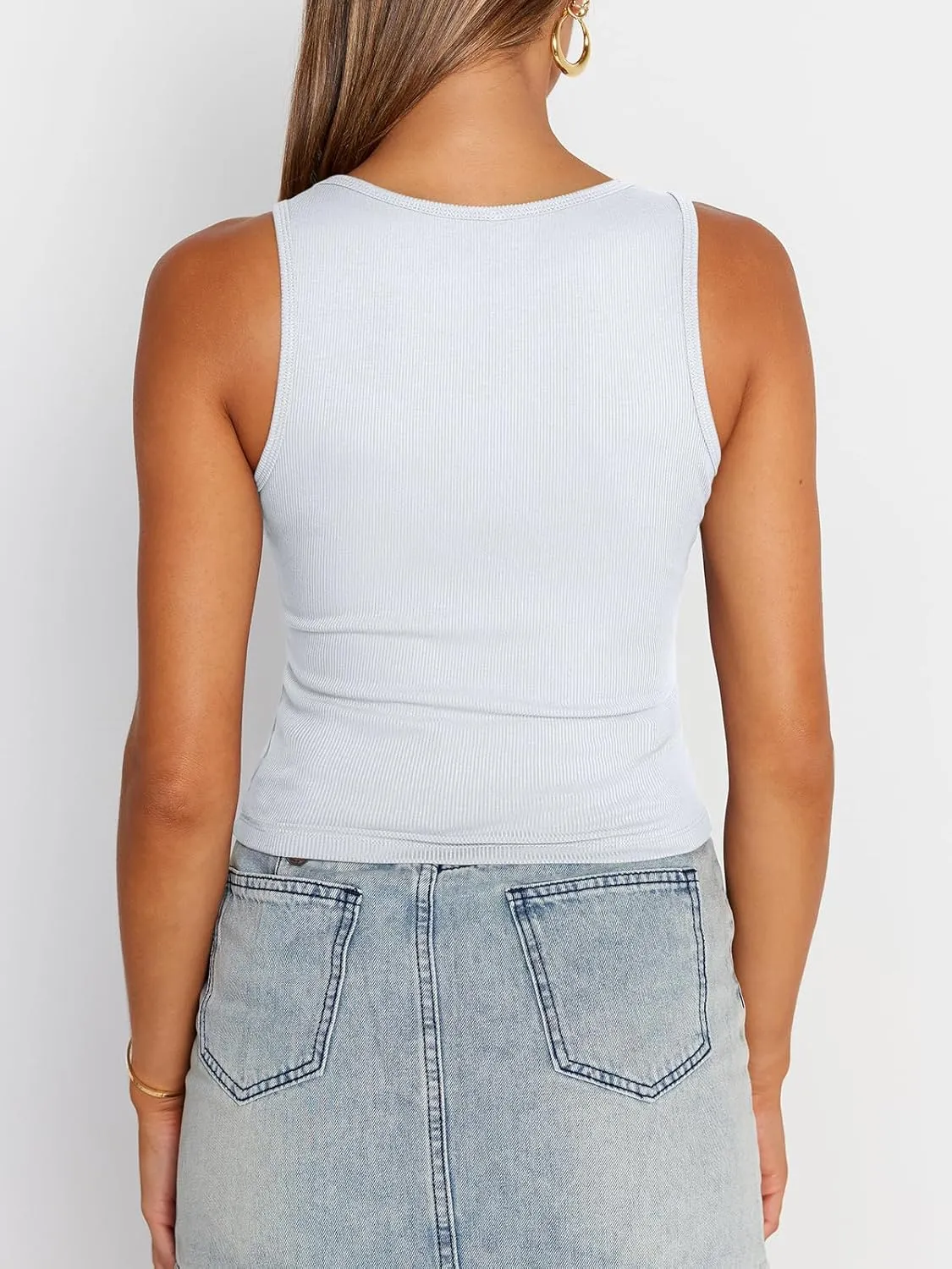 Trendy Queen Womens Summer Tank Tops Square Neck Ribbed Sleeveless Basic Crop Going Out Slim Fitted Y2k Clothes 2025