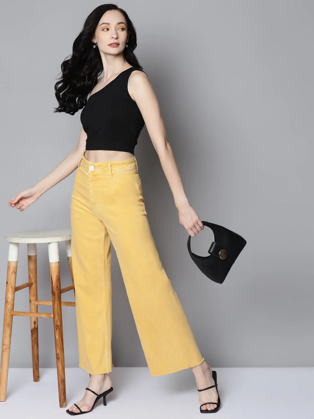 Women Charcoal Rib One Shoulder Crop Top