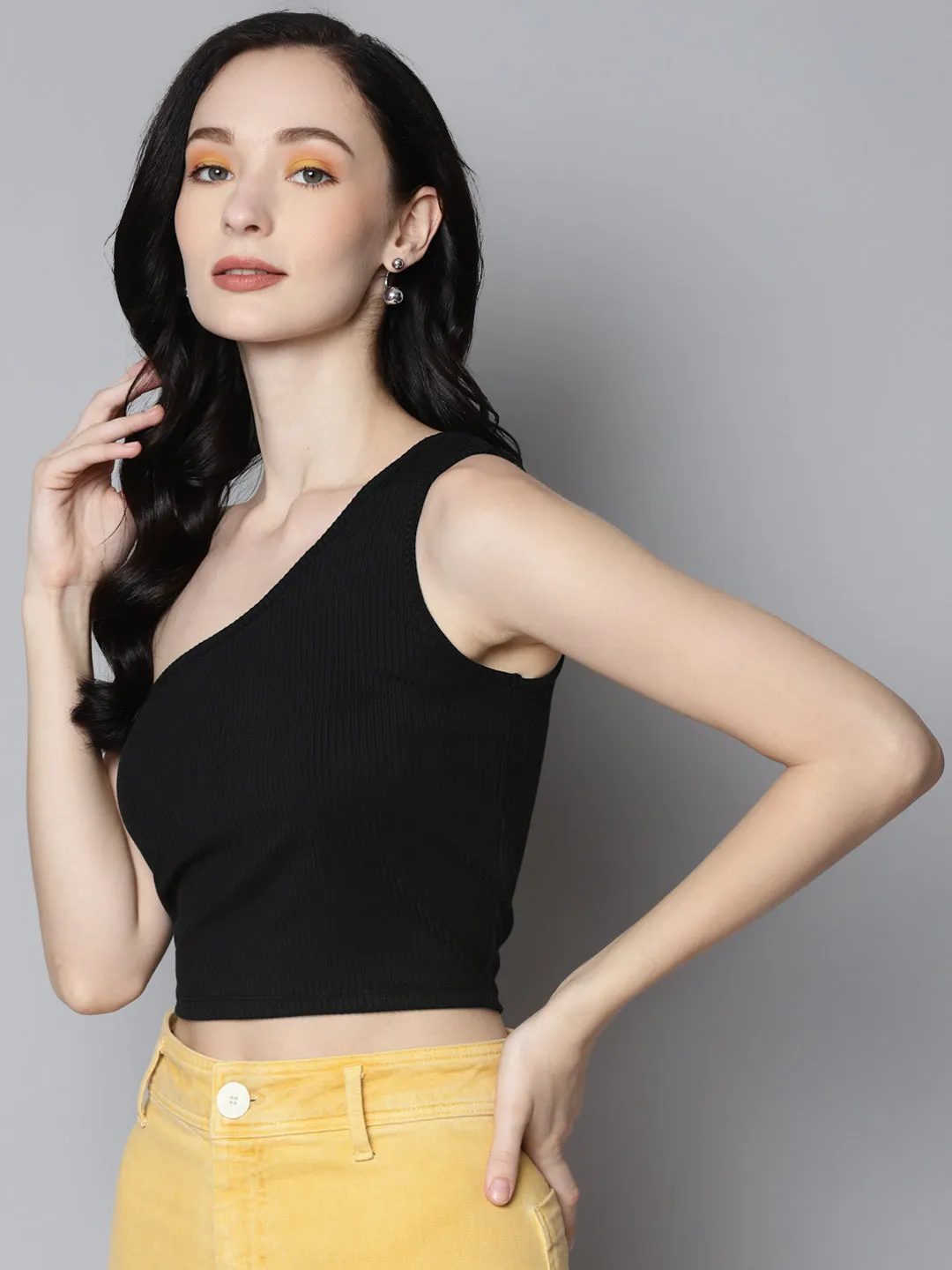 Women Charcoal Rib One Shoulder Crop Top