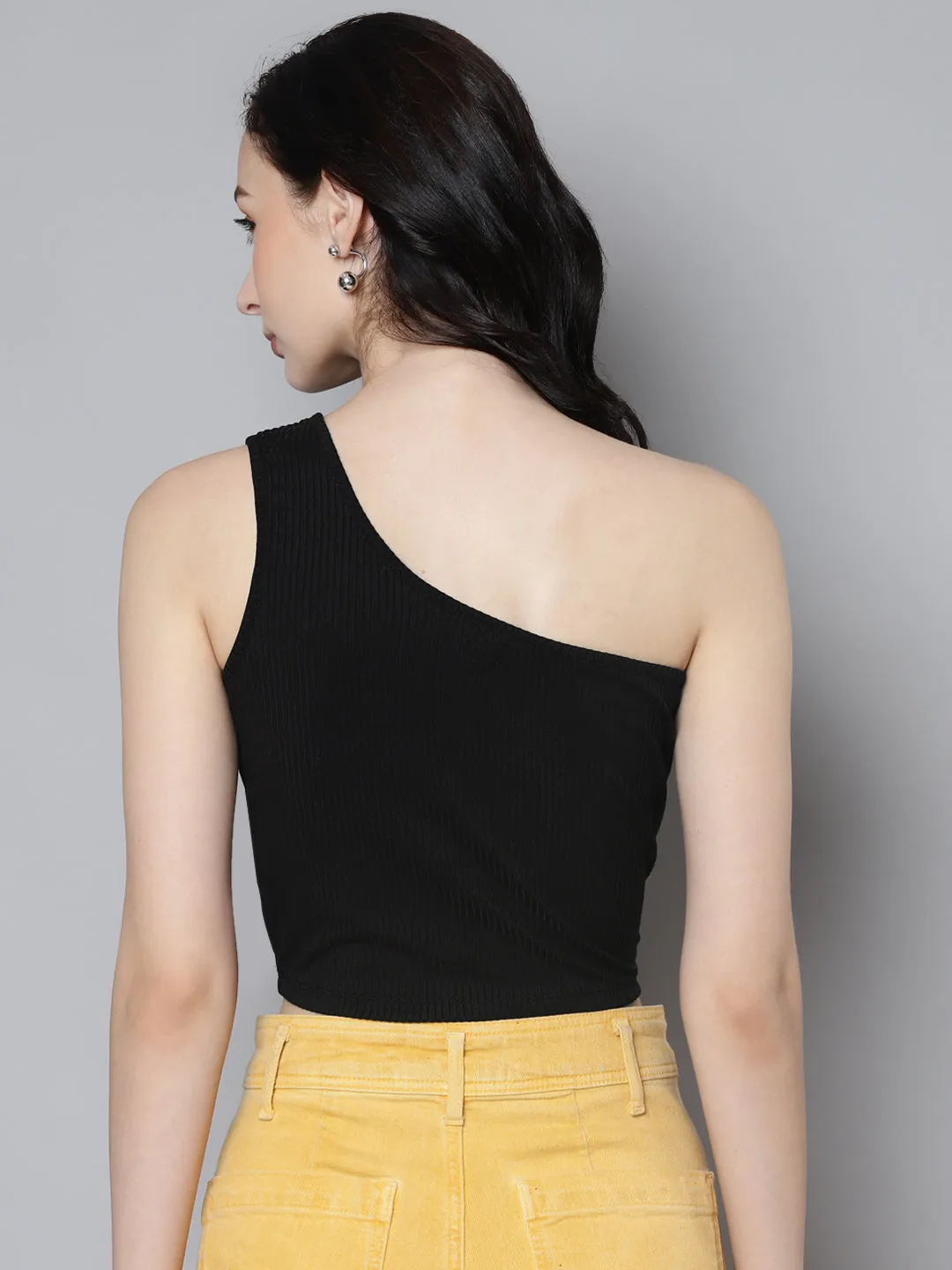 Women Charcoal Rib One Shoulder Crop Top