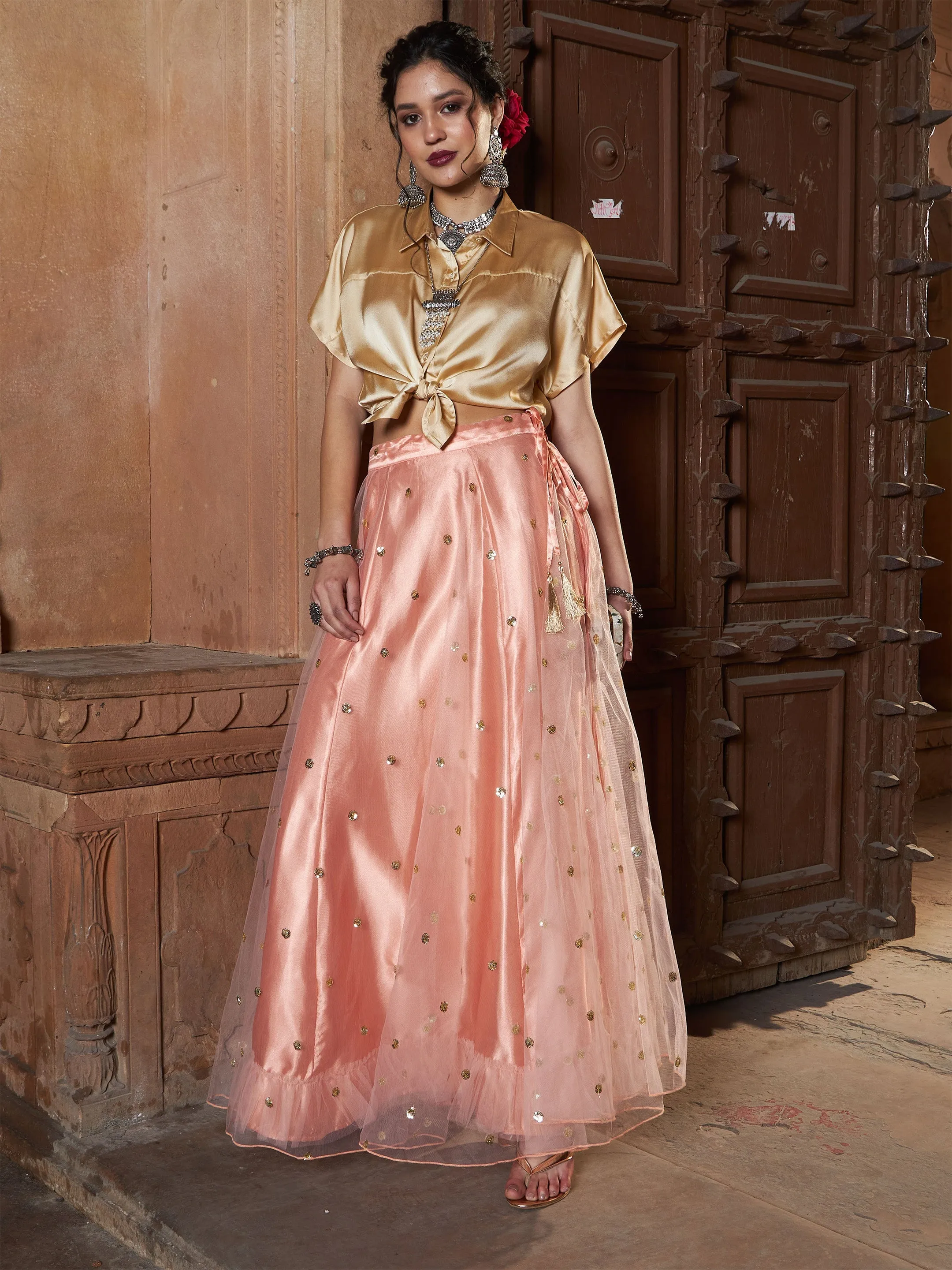 Women Gold Satin Tie Knot Crop Shirt
