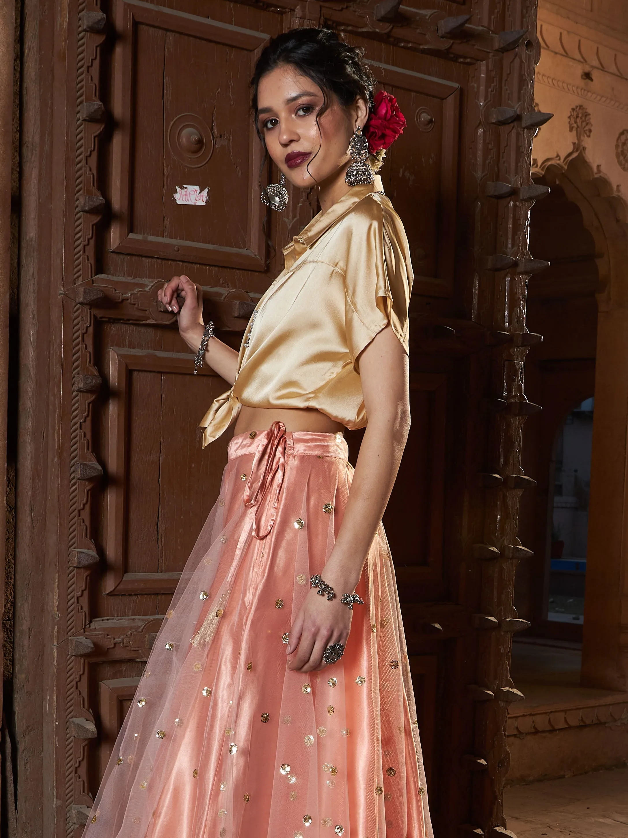 Women Gold Satin Tie Knot Crop Shirt