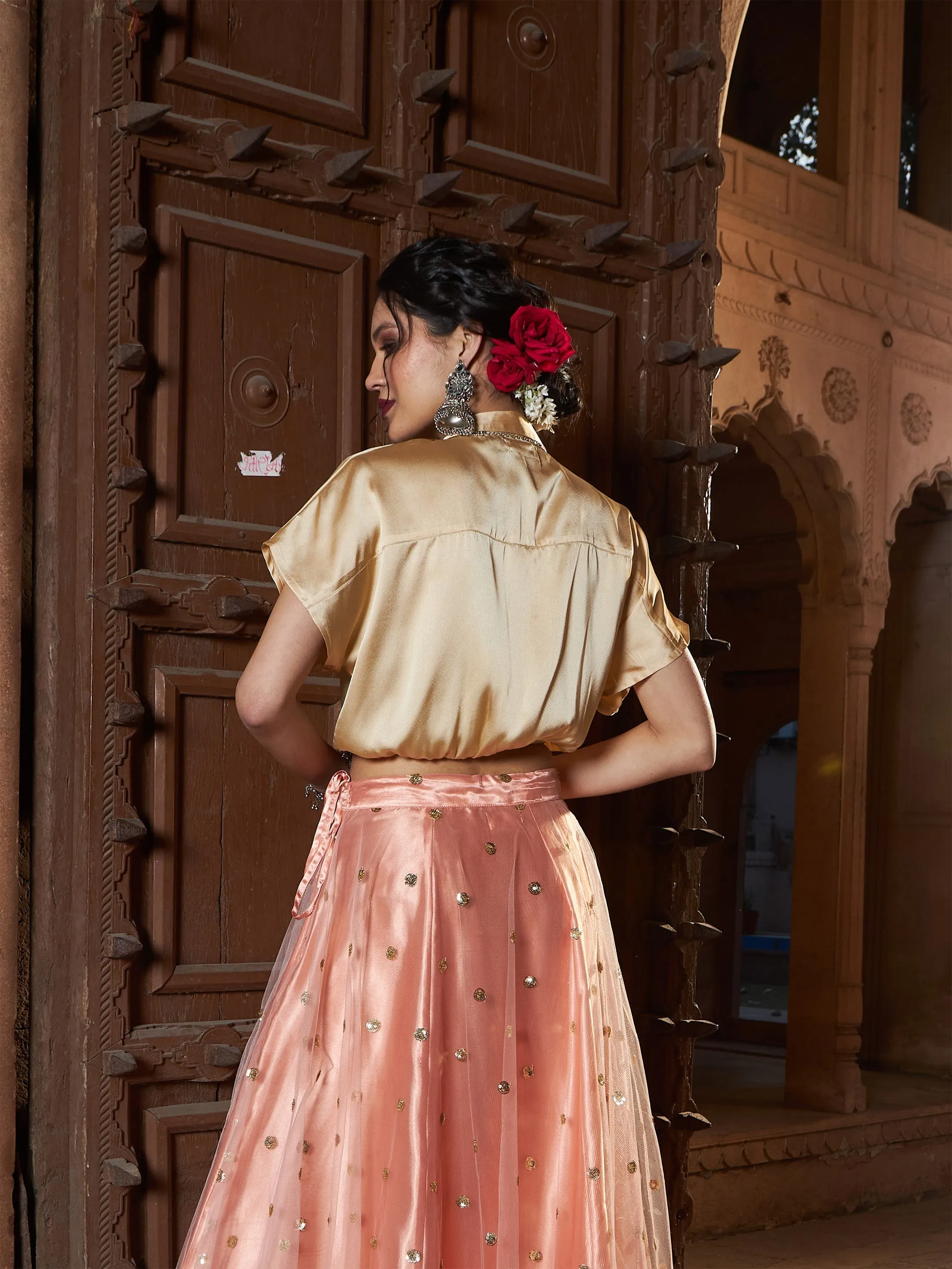 Women Gold Satin Tie Knot Crop Shirt