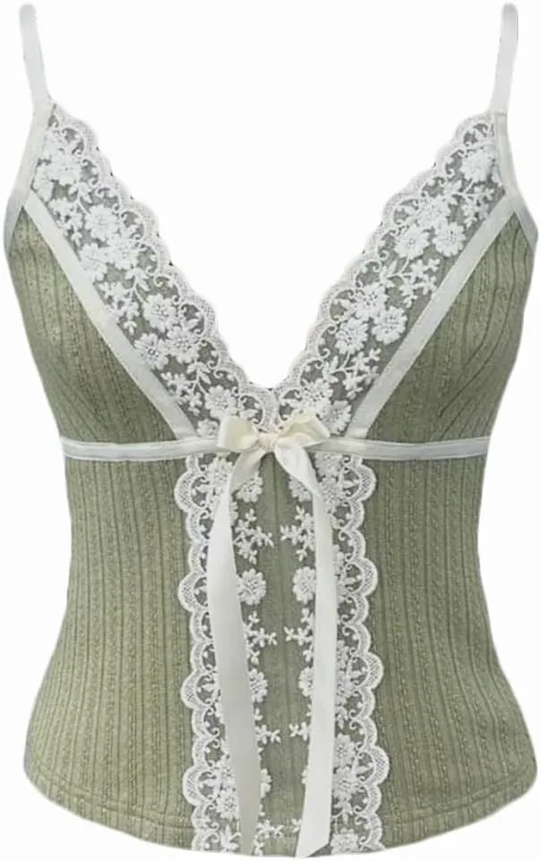 Women Y2K Vintage Lace Trim Cami Top 2000s Aesthetic Slim Fit Milkmaid Vest Cottage Crop Tank Top Coquette Clothes