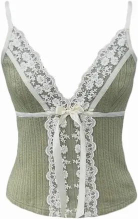 Women Y2K Vintage Lace Trim Cami Top 2000s Aesthetic Slim Fit Milkmaid Vest Cottage Crop Tank Top Coquette Clothes
