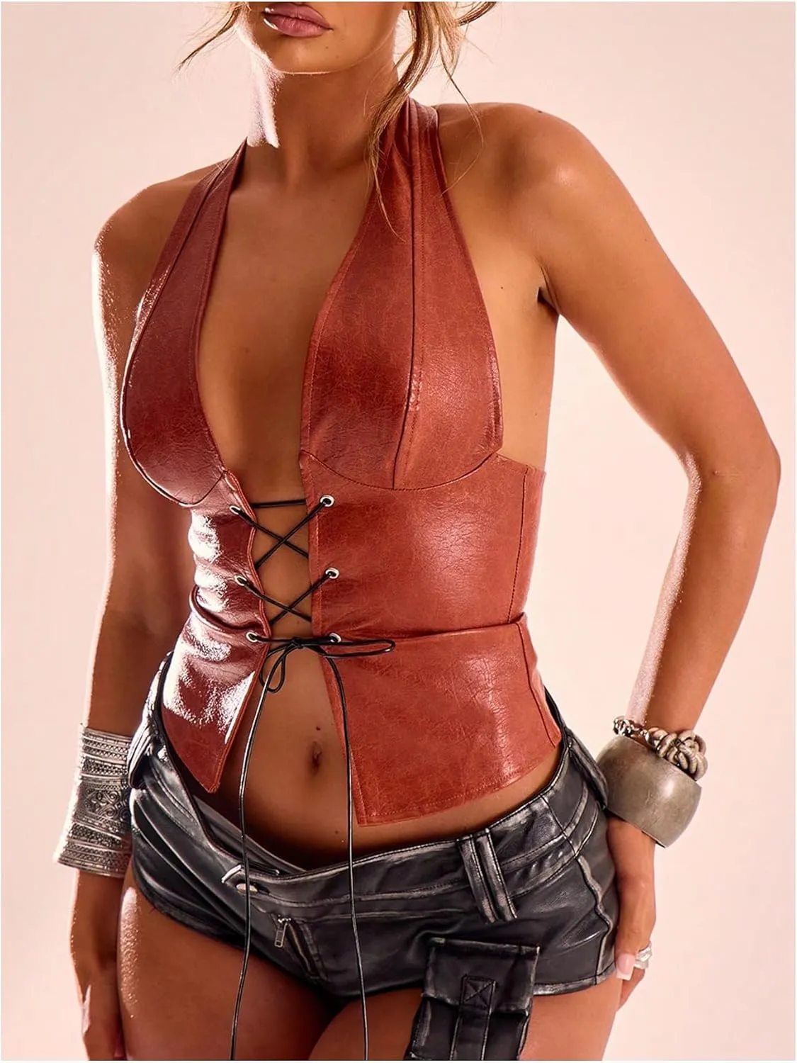 Women's PU Leather Halter Tank Top Lace Up Front Crop Top Sleeveless Y2K Backless Top