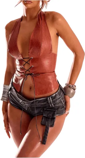 Women's PU Leather Halter Tank Top Lace Up Front Crop Top Sleeveless Y2K Backless Top