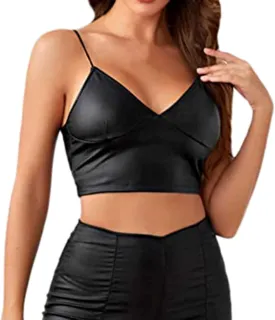 Women's Spaghetti Strap Tank Tops PU Leather Camisole Bralette Bodycon Crop Top Casual Cami Shirt Party Club Wear