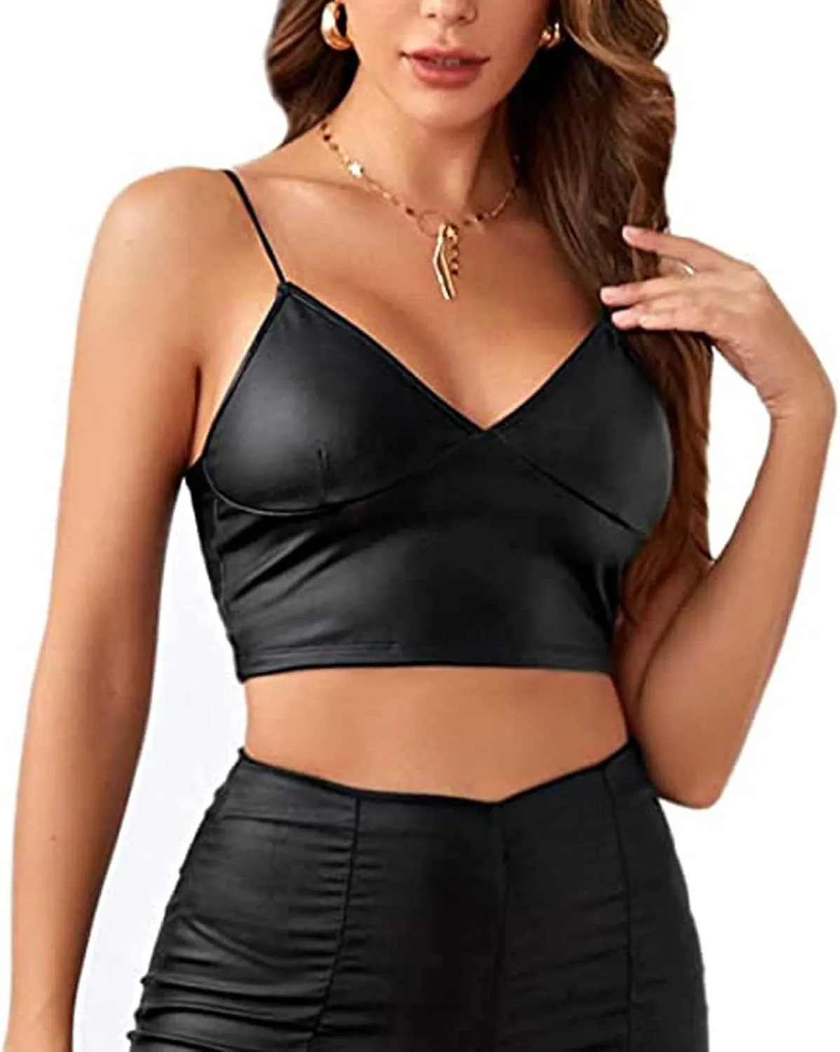 Women's Spaghetti Strap Tank Tops PU Leather Camisole Bralette Bodycon Crop Top Casual Cami Shirt Party Club Wear