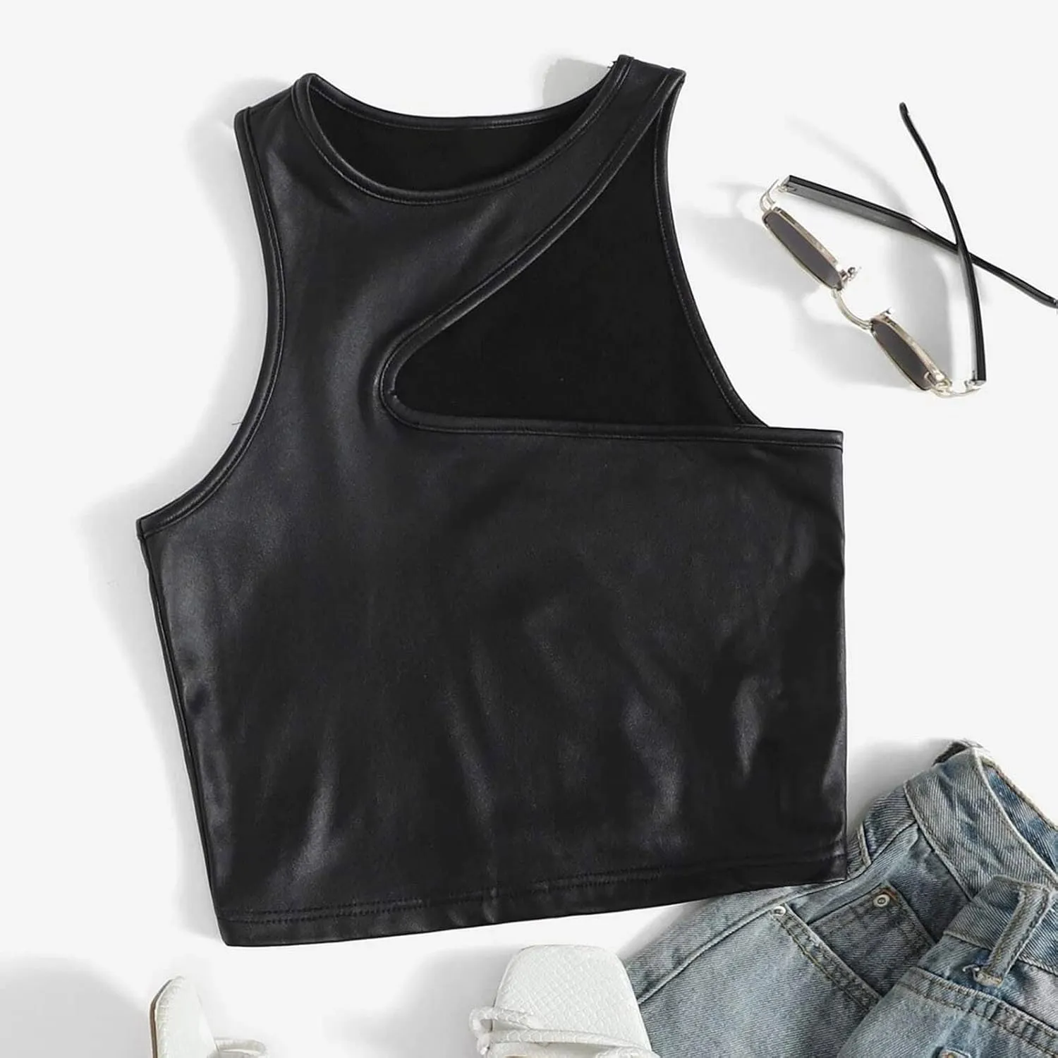 Women's Spaghetti Strap Tank Tops PU Leather Camisole Bralette Bodycon Crop Top Casual Cami Shirt Party Club Wear
