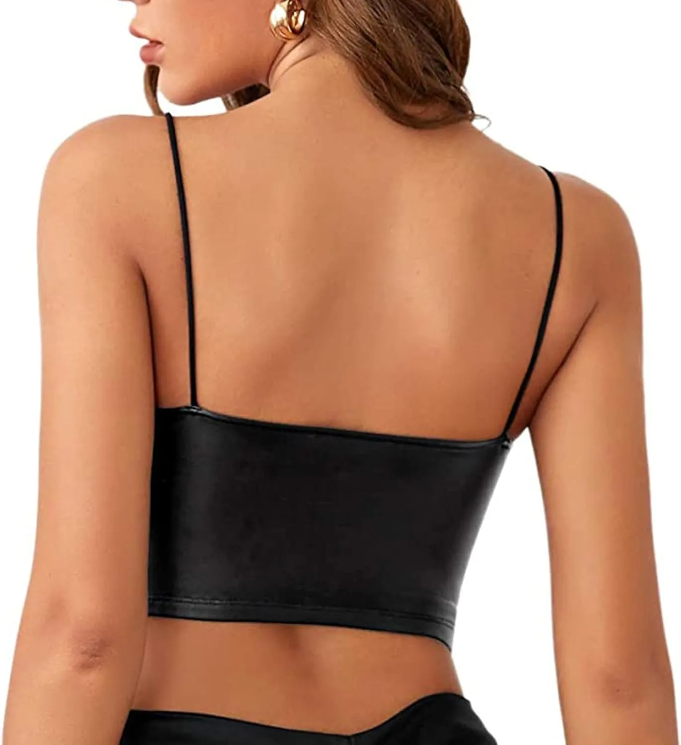 Women's Spaghetti Strap Tank Tops PU Leather Camisole Bralette Bodycon Crop Top Casual Cami Shirt Party Club Wear