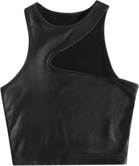 Women's Spaghetti Strap Tank Tops PU Leather Camisole Bralette Bodycon Crop Top Casual Cami Shirt Party Club Wear
