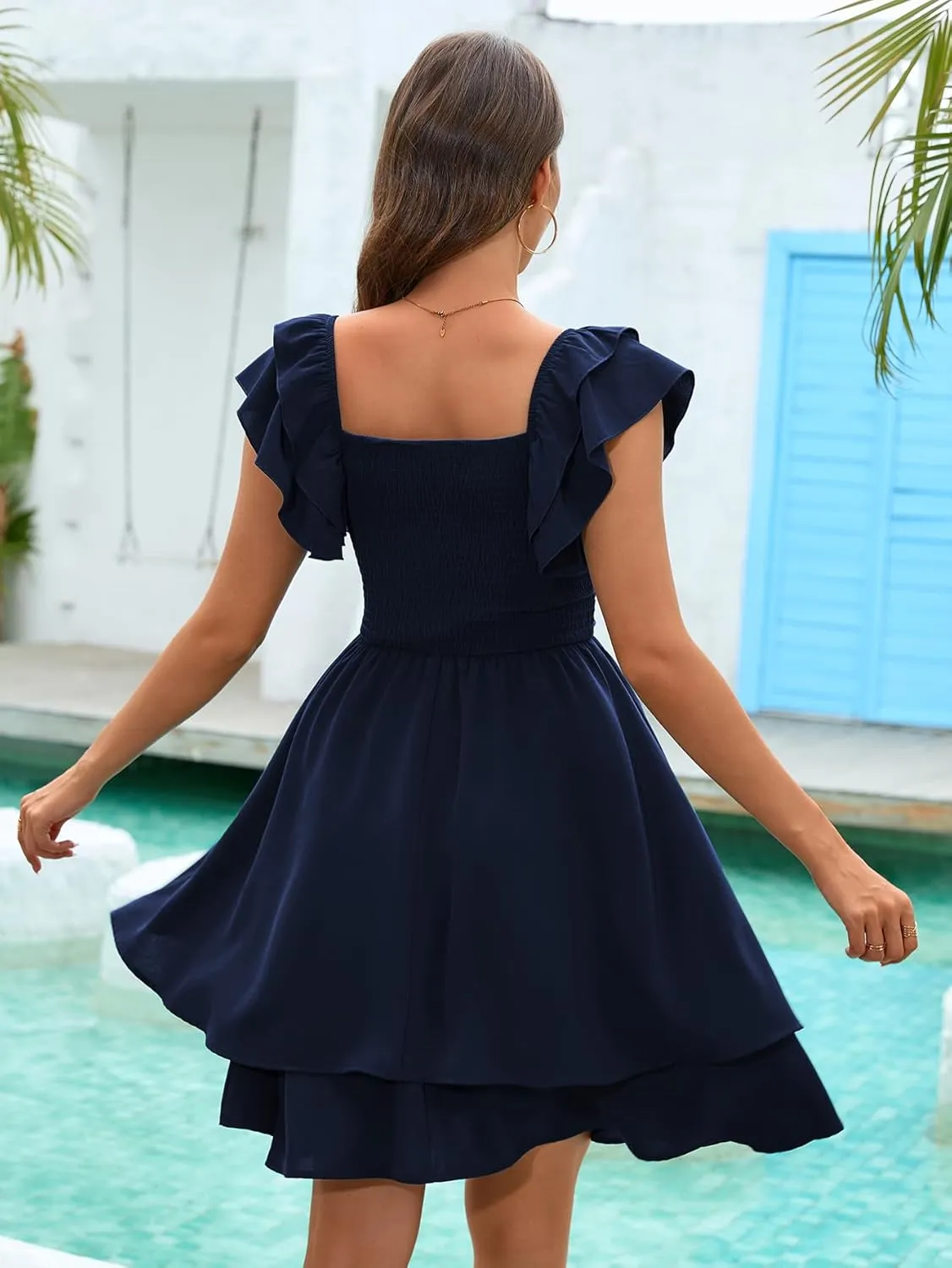 Women's Summer Dress Casual Wrap V Neck Flutter Sleeve Double Layer Ruffle Wedding Guest Short Mini Dresses