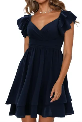 Women's Summer Dress Casual Wrap V Neck Flutter Sleeve Double Layer Ruffle Wedding Guest Short Mini Dresses